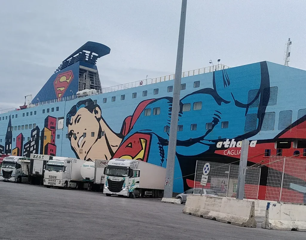 Ferry ship with the picture of Superman painted on it
